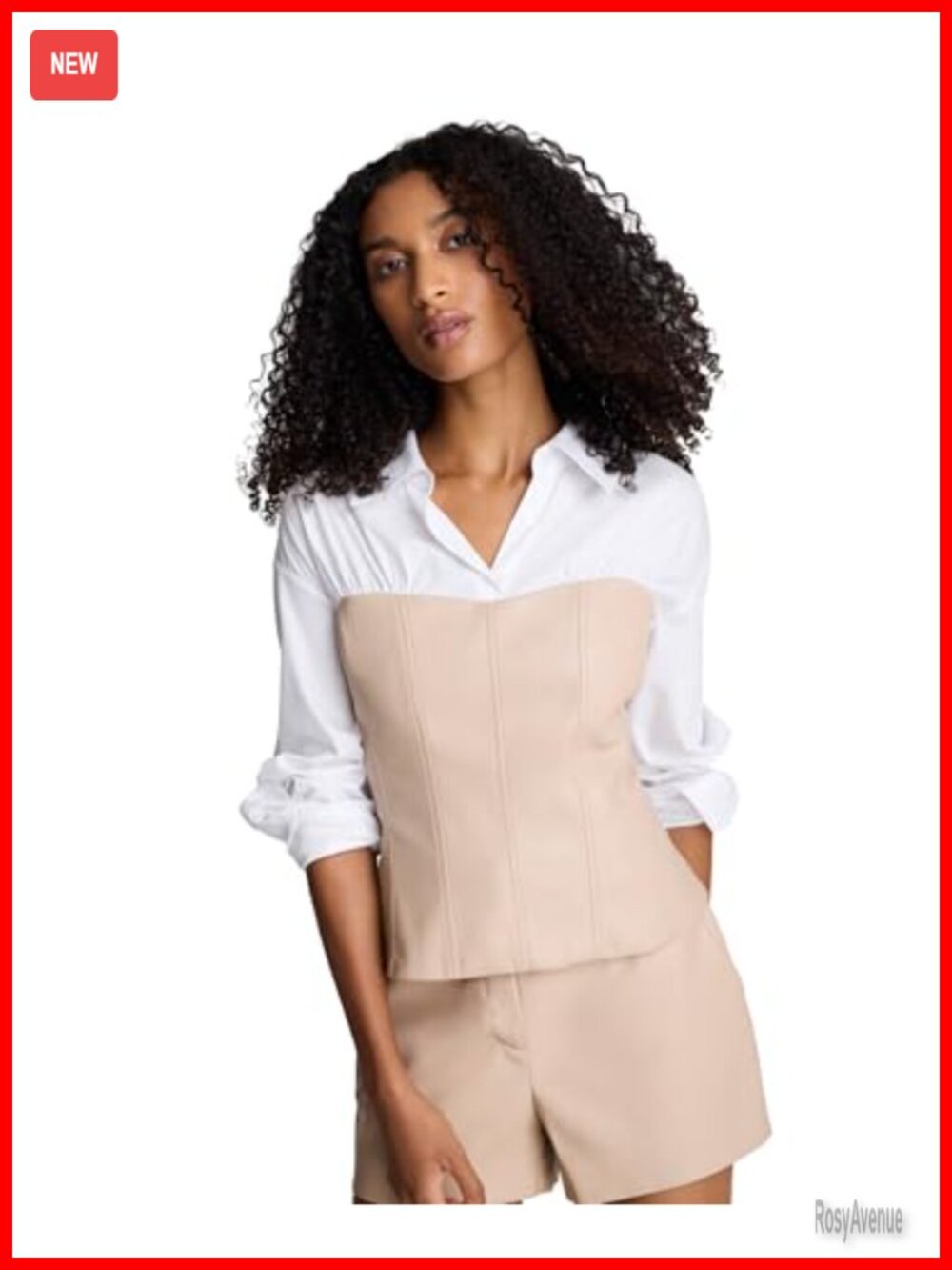 Women's Long Sleeve Cotton Shirt with Faux Leather Bustier Collared Tunic Top